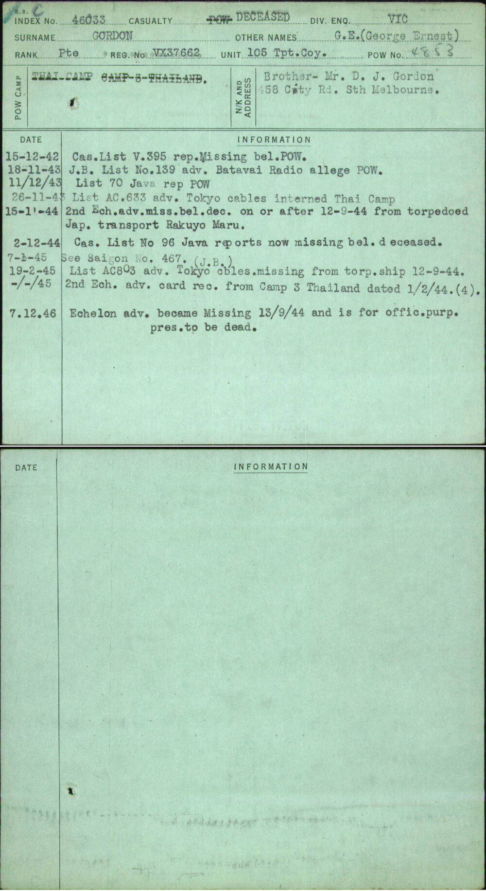 Gordon, G E (George Ernest), VX37662