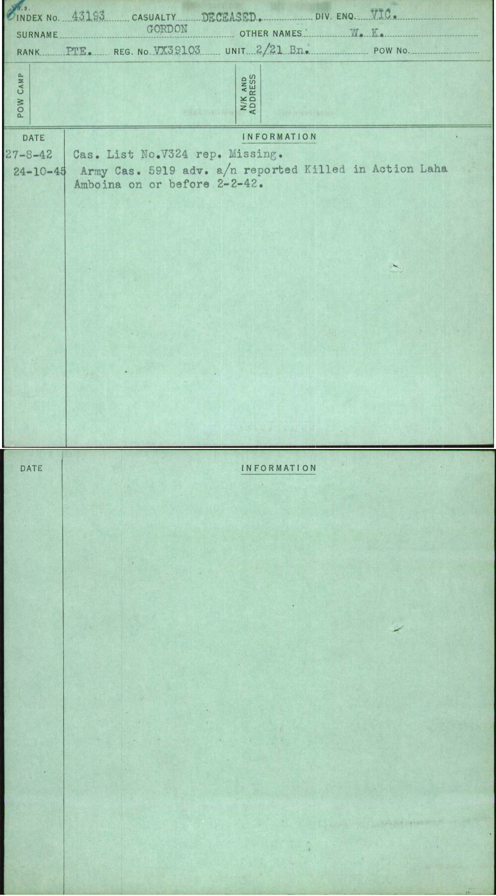 Gordon, W K, VX39103