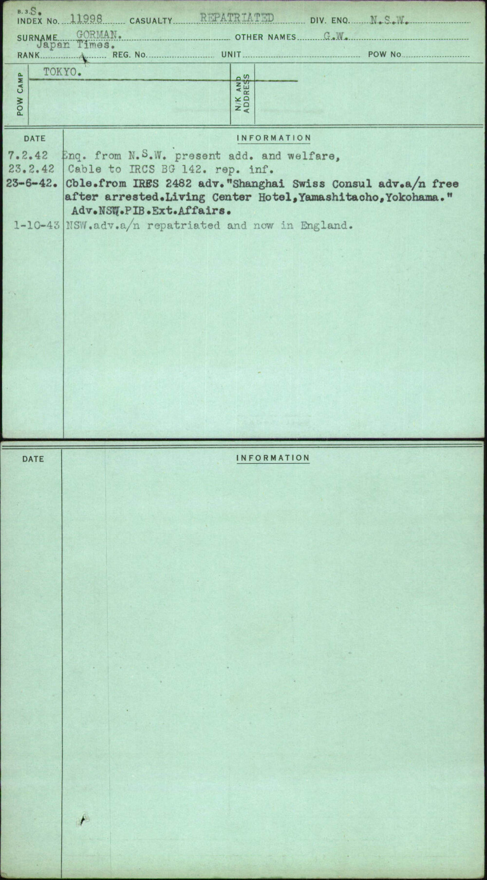 Gorman, G W, [No Service Number]