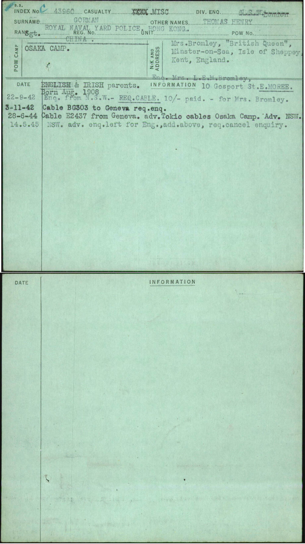 Gorman, Thomas Henry, [No Service Number]
