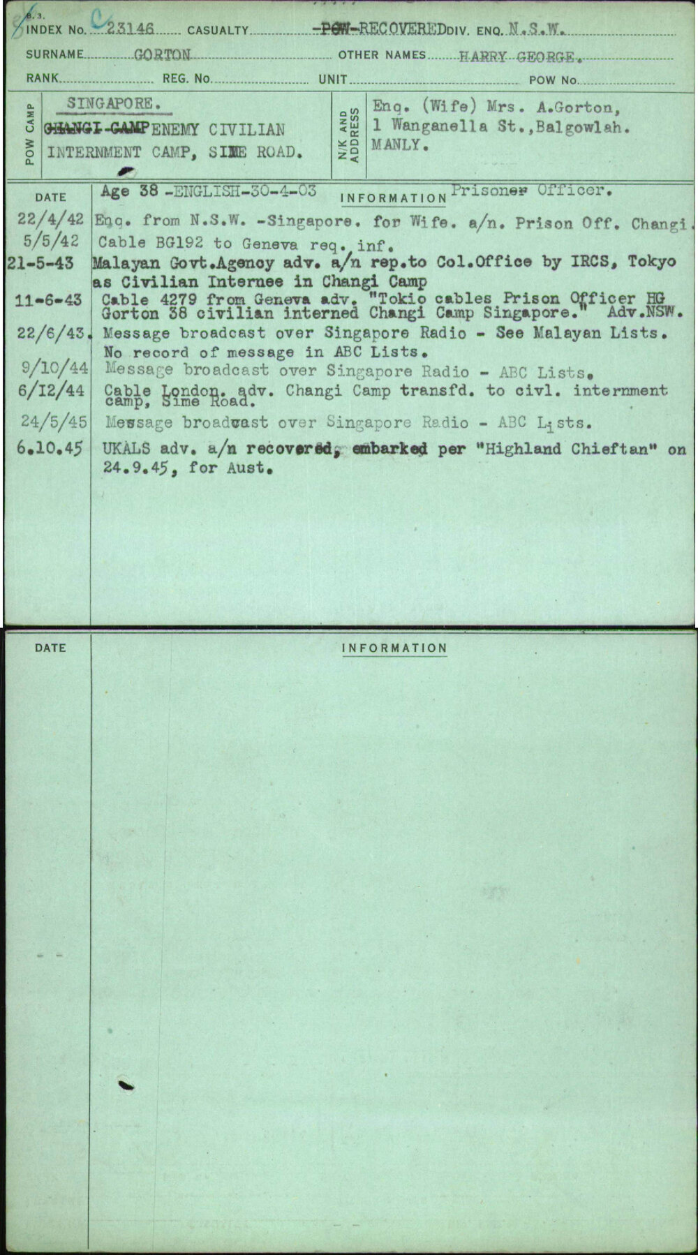 Gorton, Harry George, [No Service Number]