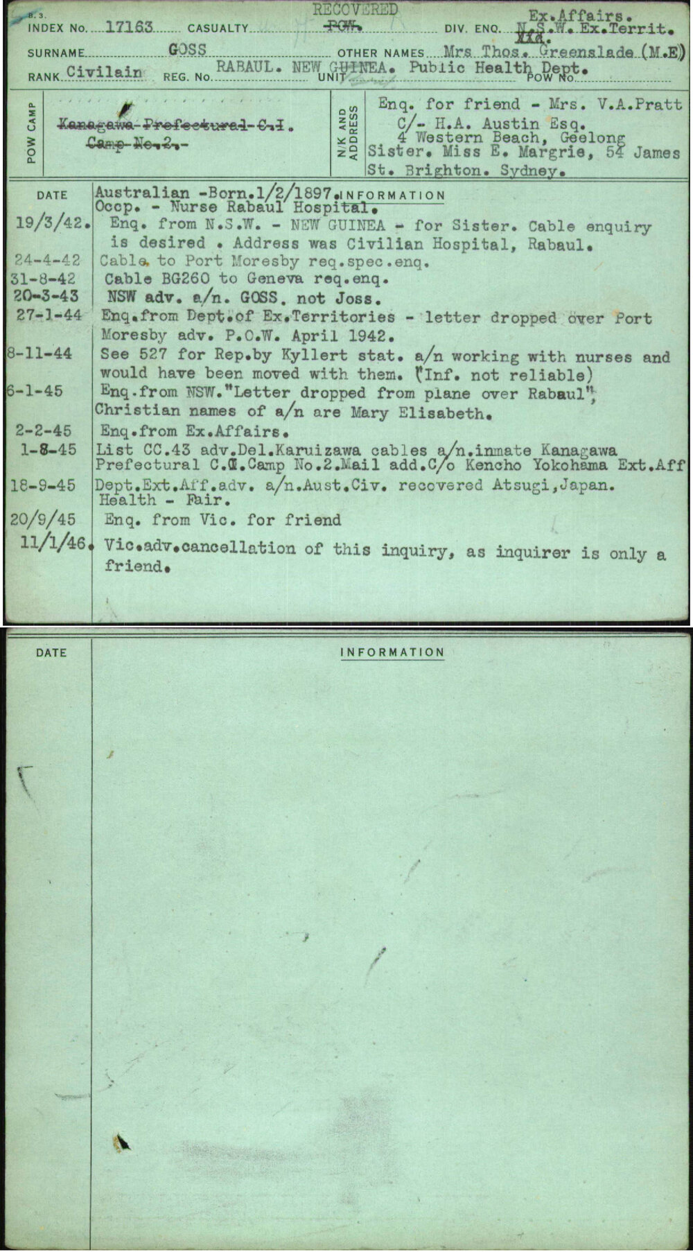 Goss, Mrs Thos Greenslade (M E), [No Service Number]