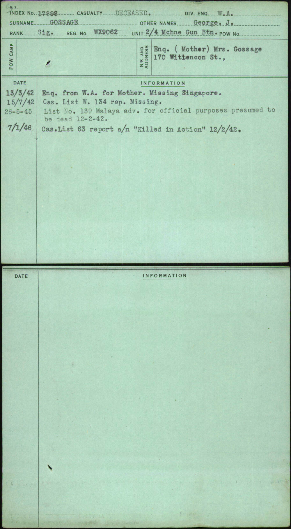 Gossage, George J, WX9062