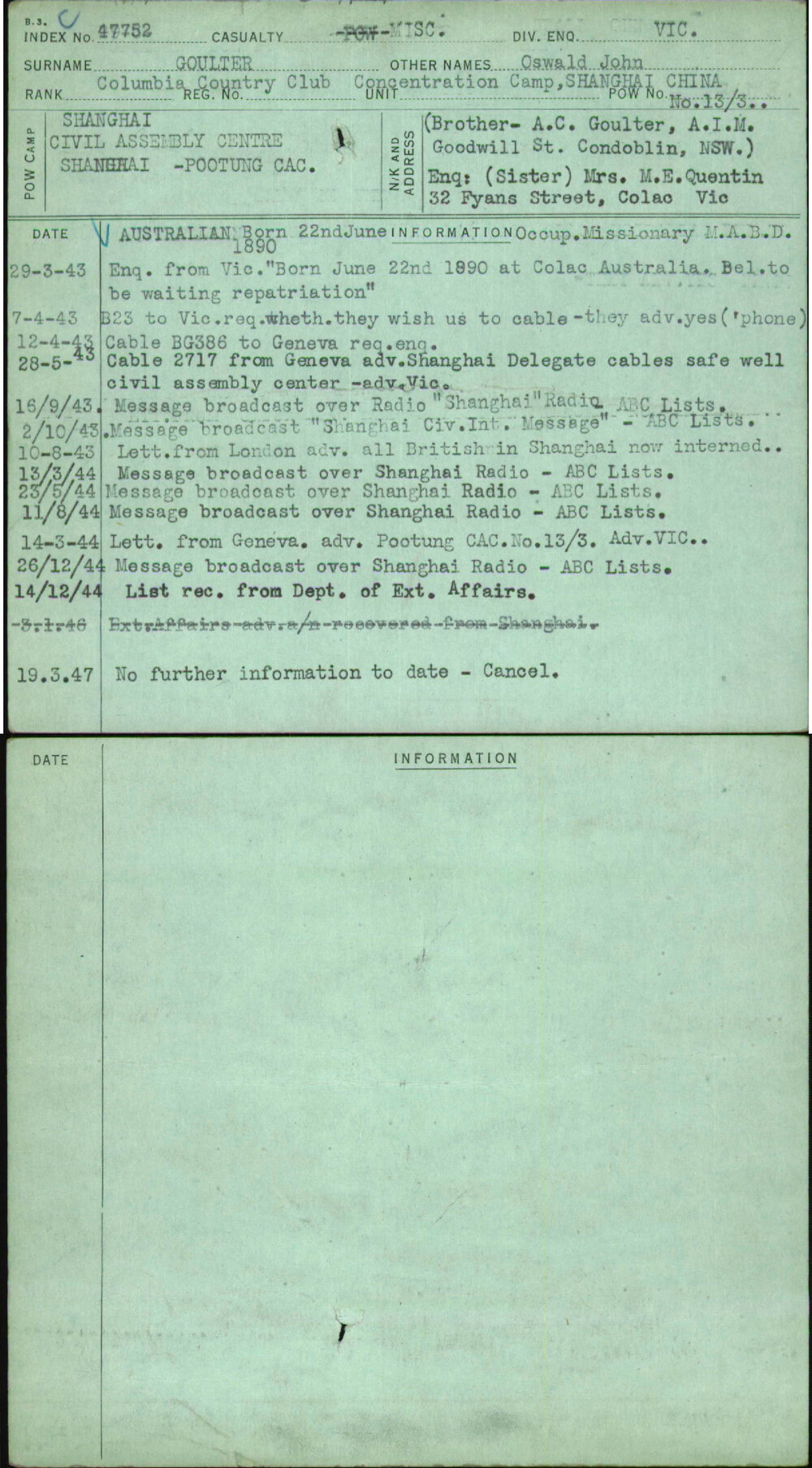 Goulter, Oswald John, [No Service Number]