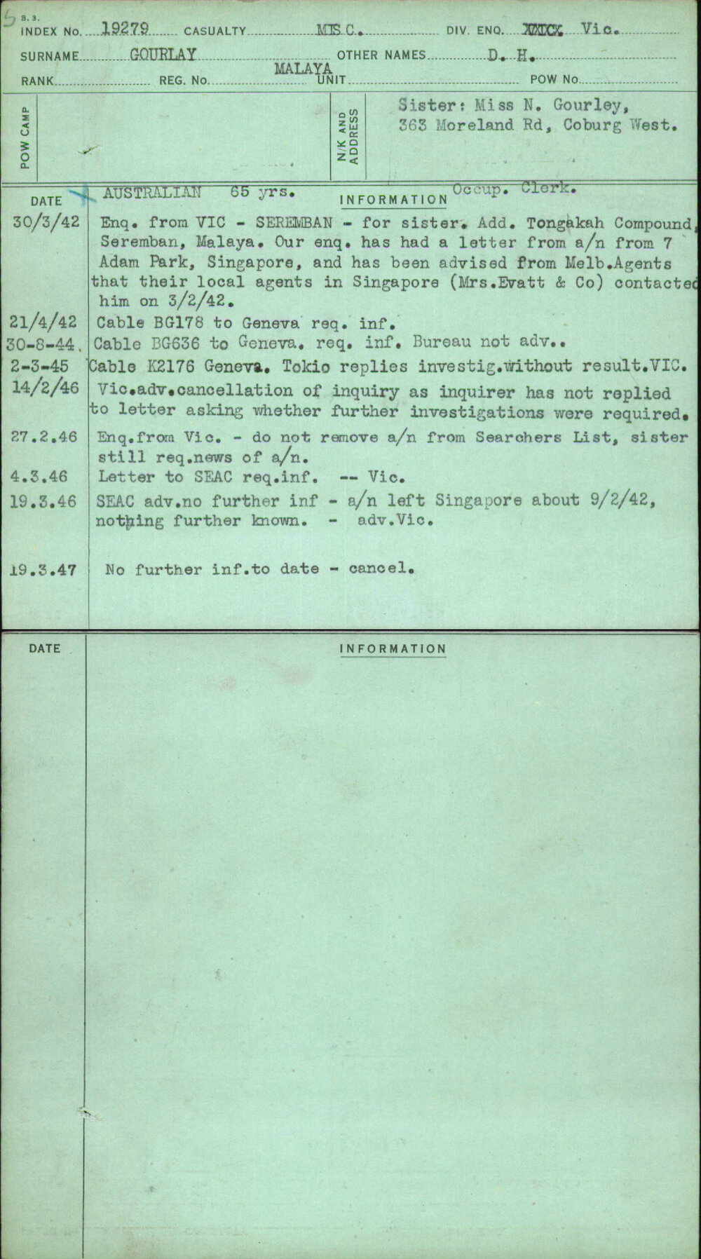 Gourlay, D H, Malaya