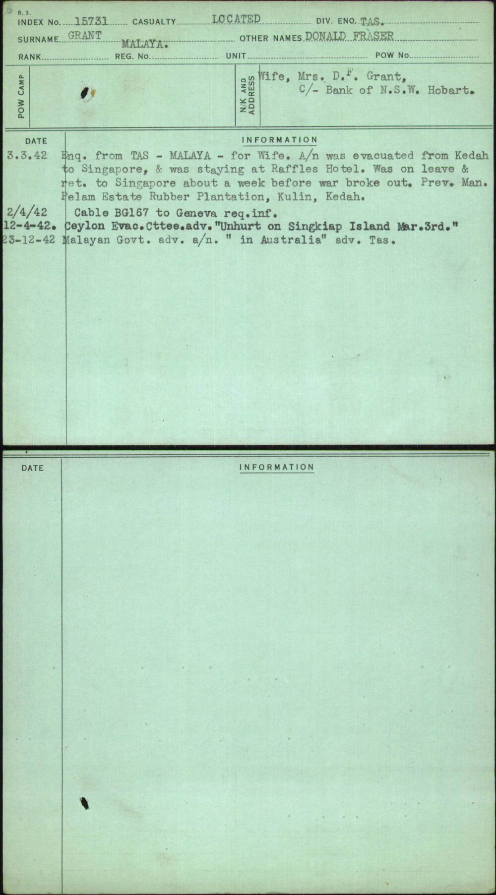 Grant, Donald Fraser, [No Service Number]