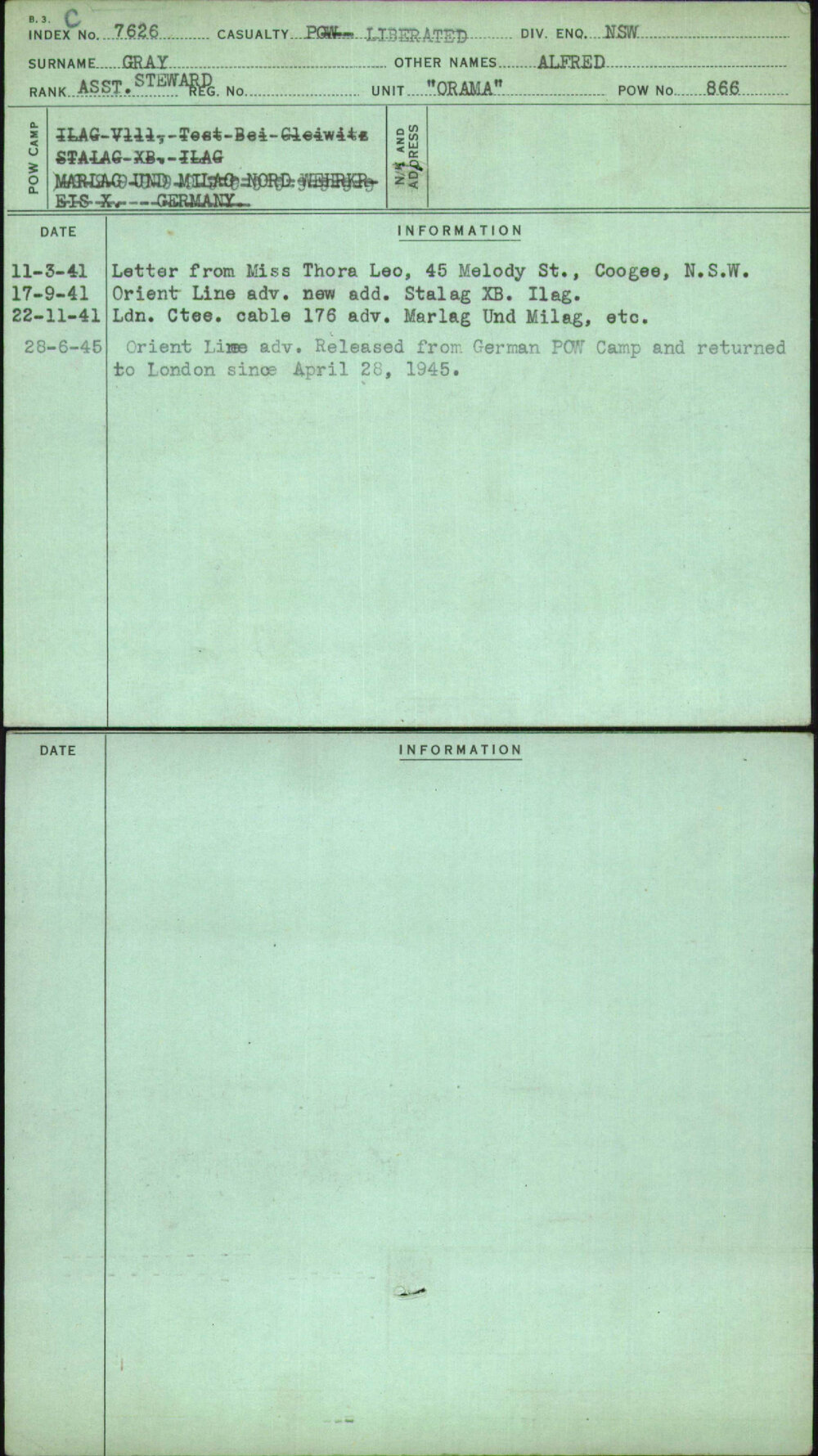 Gray, Alfred, [No Service Number]