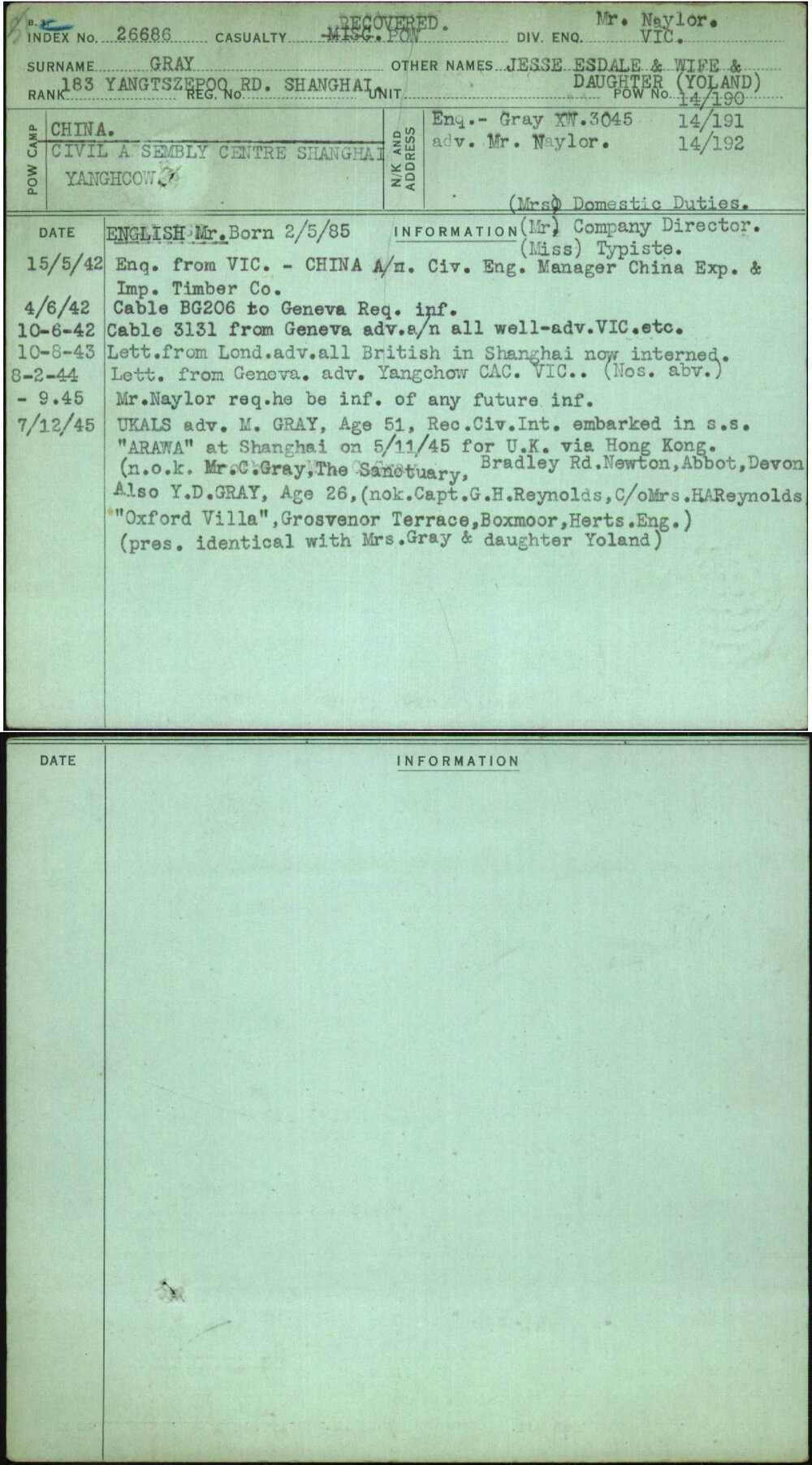 Gray, Jesse Esdale &amp; Wife &amp; Daughter (Yoland), [No Service Number]