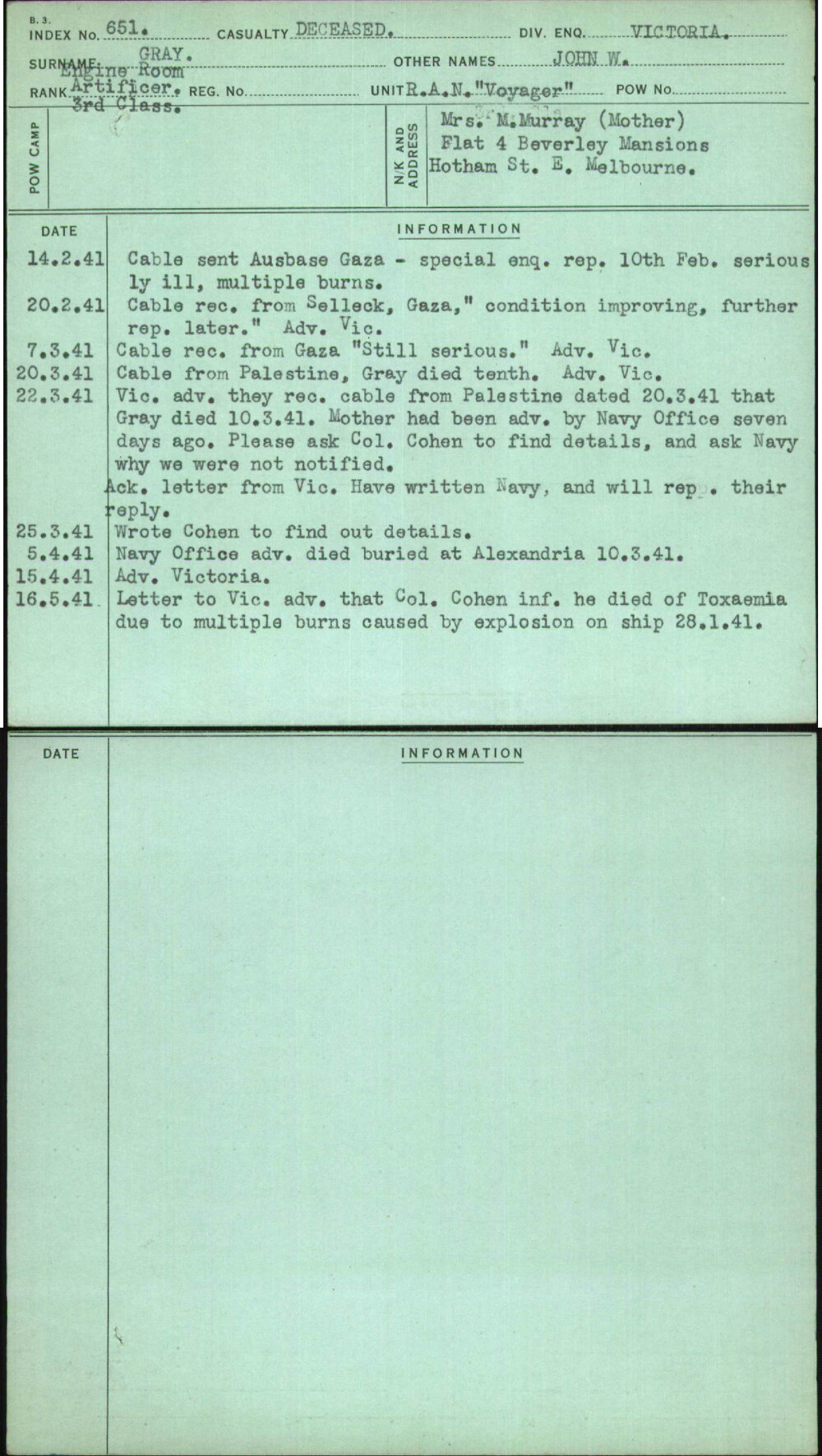 Gray, John W, [No Service Number]