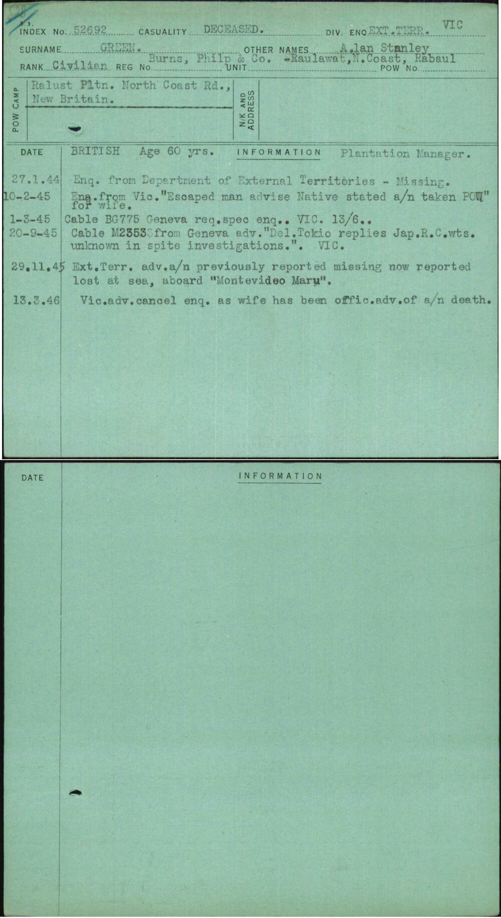 Green, A Lan Stanley, [No Service Number]