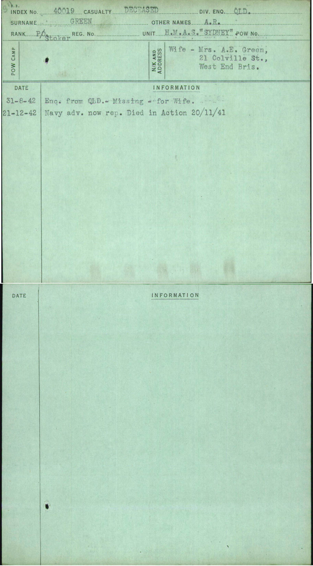 Green, A R, [No Service Number]