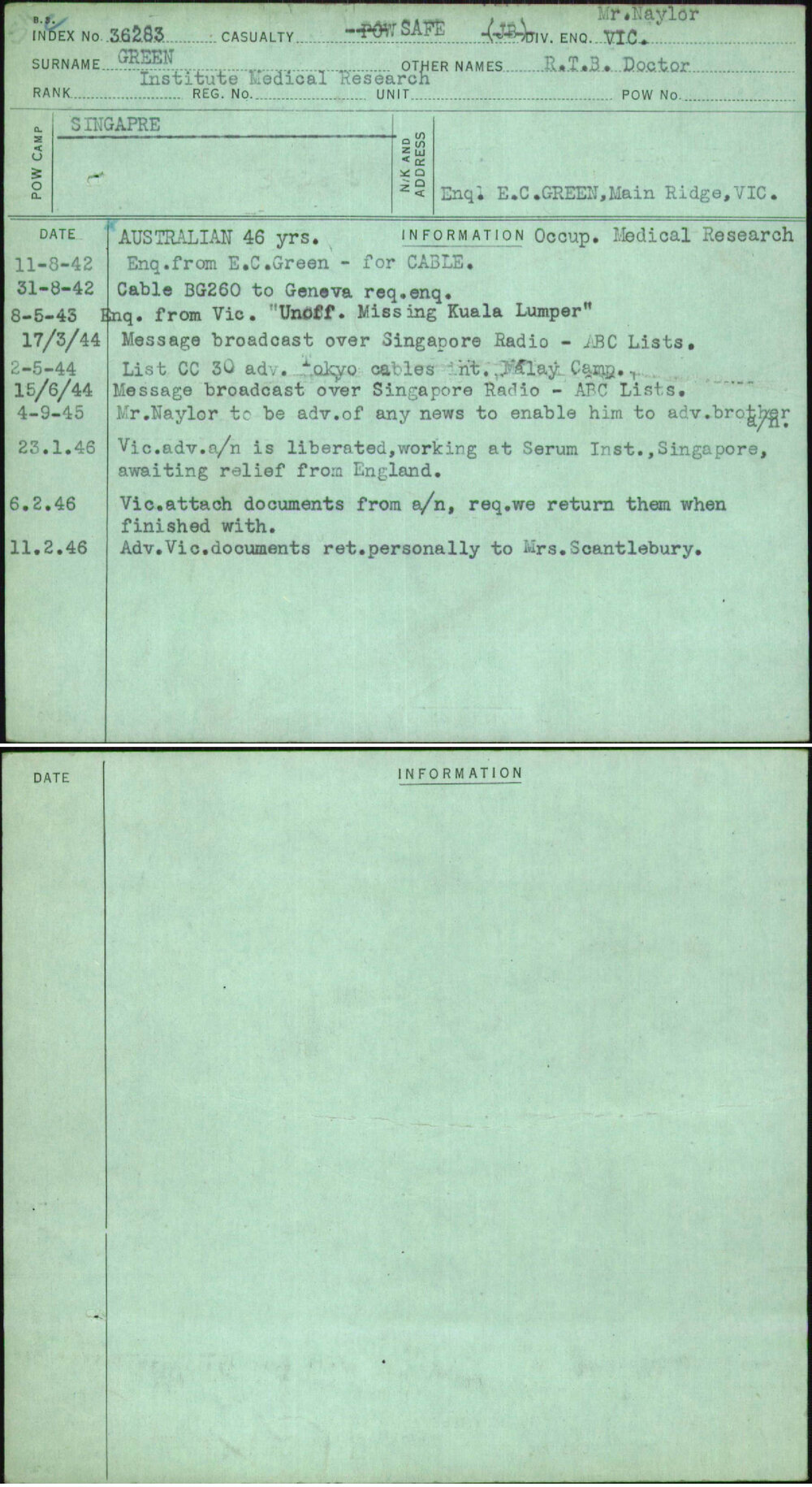 Green, R T B Doctor, [No Service Number]