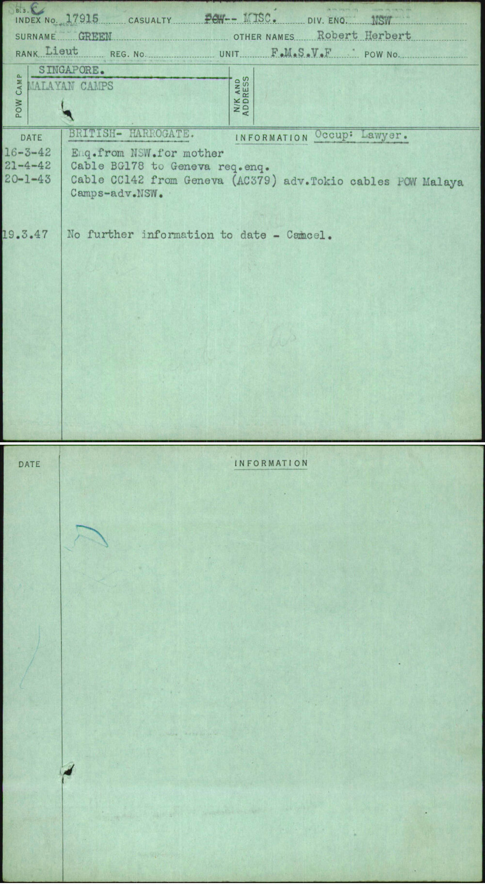 Green, Robert Herbert, [No Service Number]