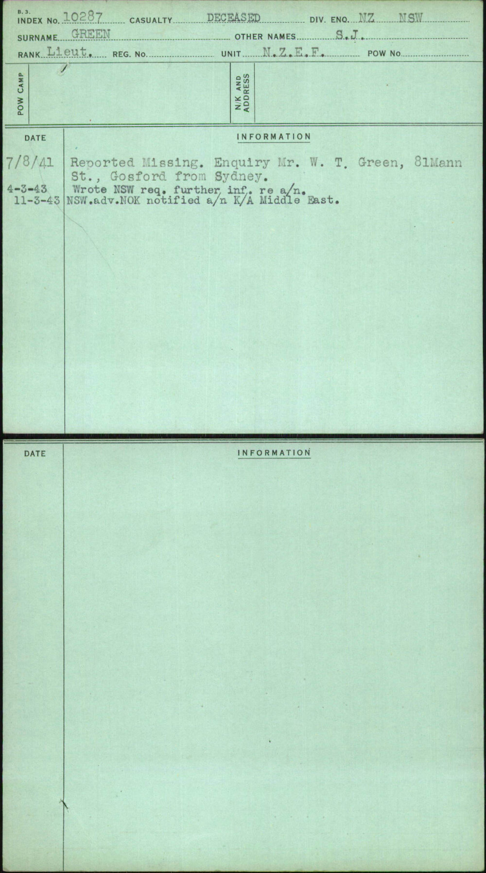 Green, S J, [No Service Number]