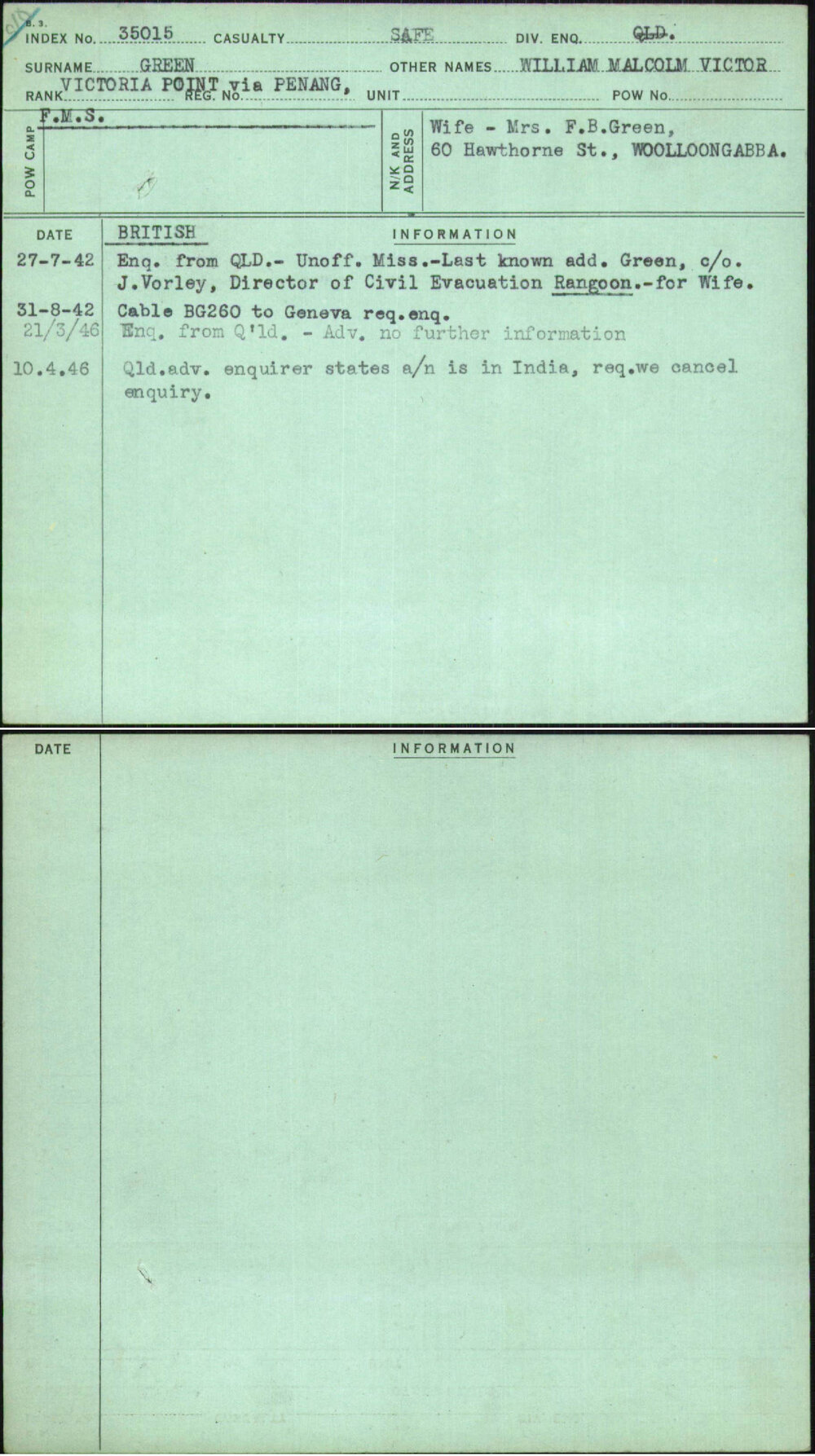 Green, William Malcolm Victor, [No Service Number]