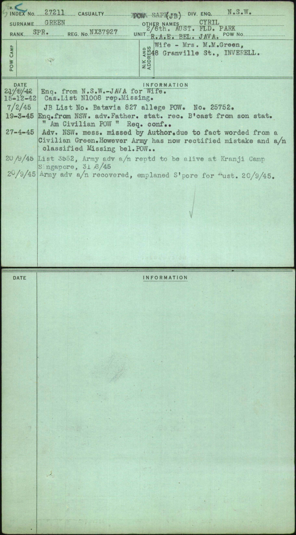 Green, Cyril, NX37927