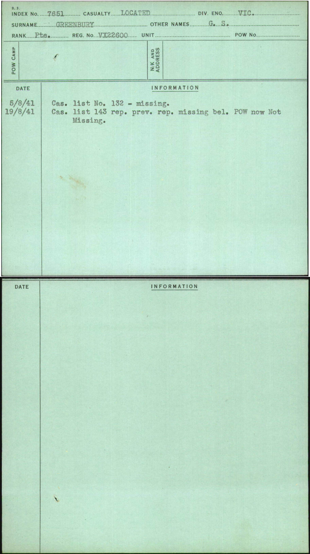 Greenbury, G S, VX22600