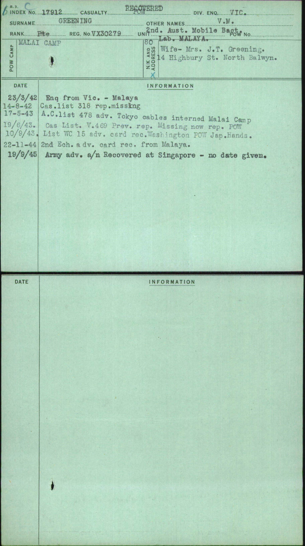Greening, V M, VX30279
