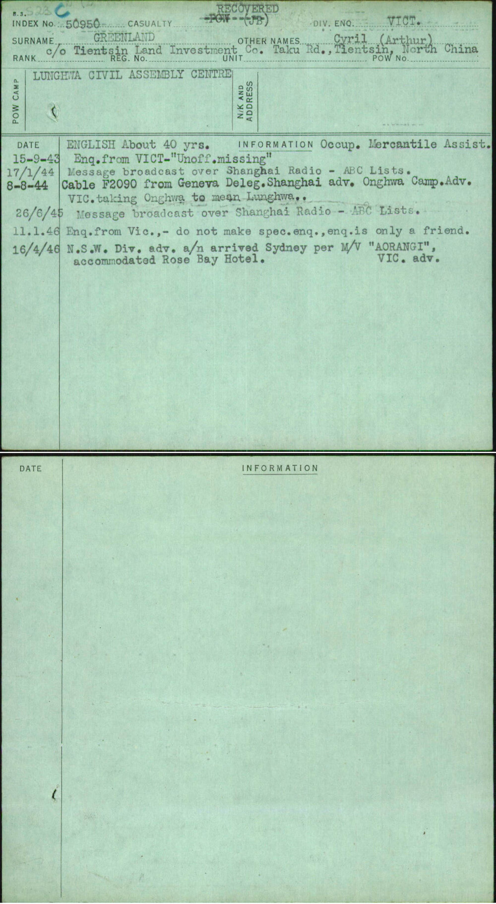 Greenland, Cyril (Arthur), [No Service Number]