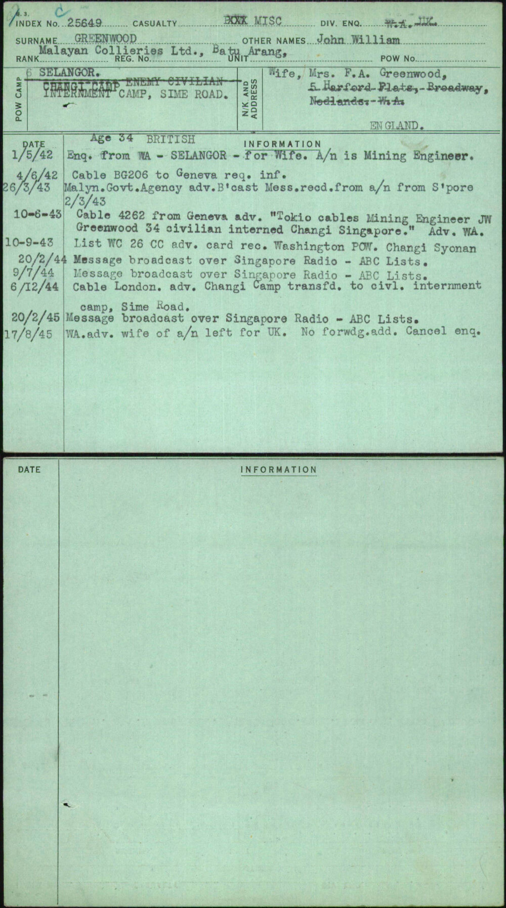 Greenwood, John William, [No Service Number]