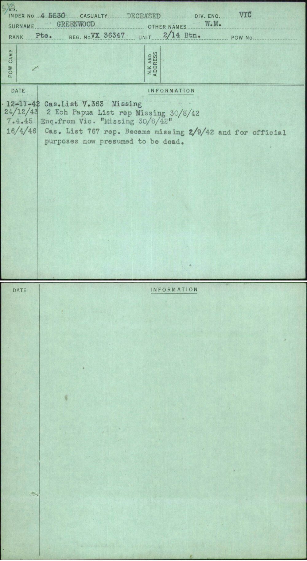 Greenwood, W M, VX36347