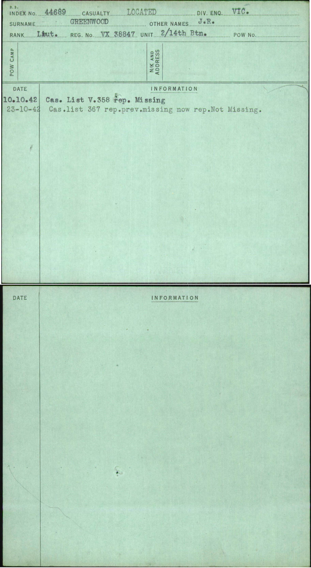 Greenwood, J R, VX38847