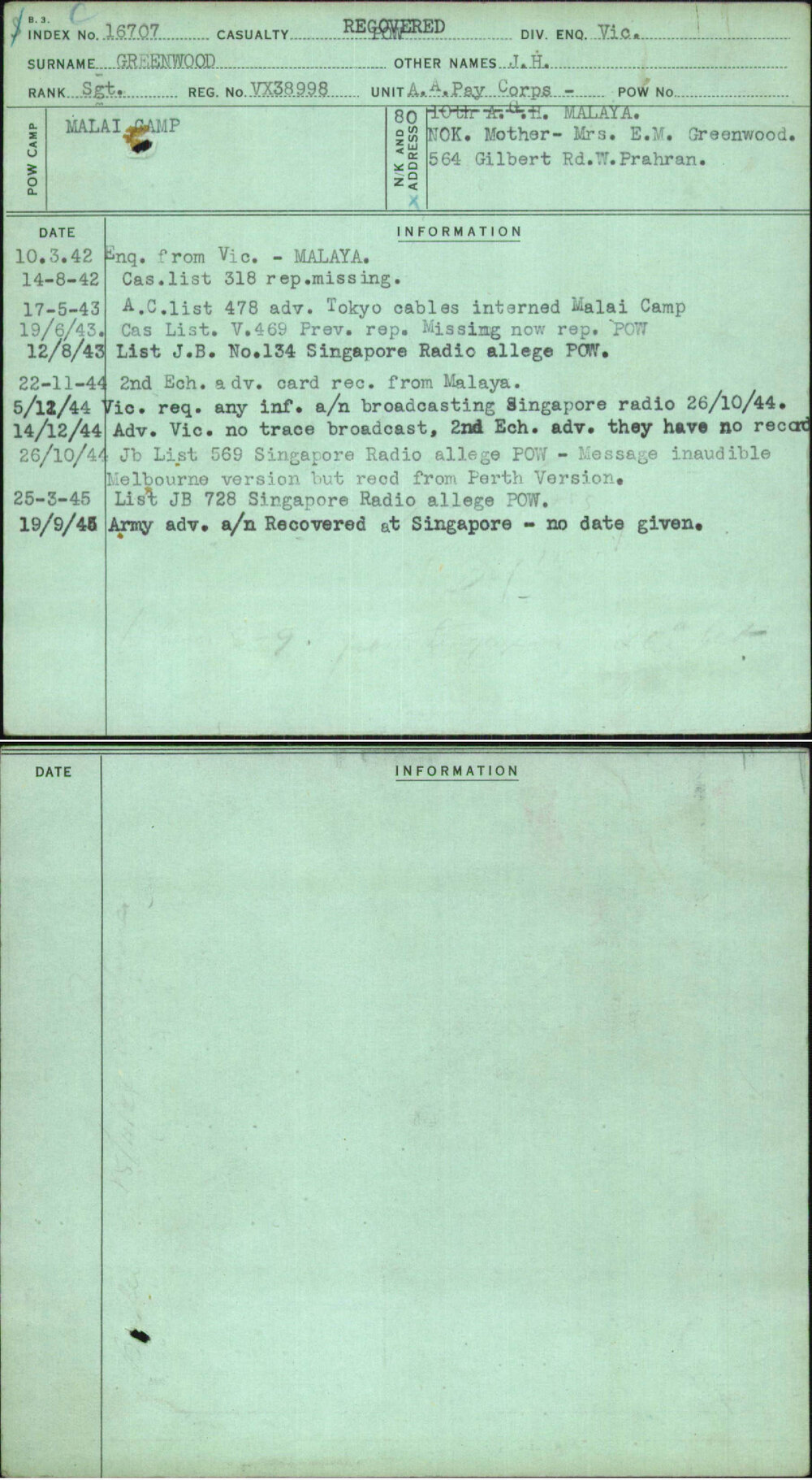 Greenwood, J H, VX38998