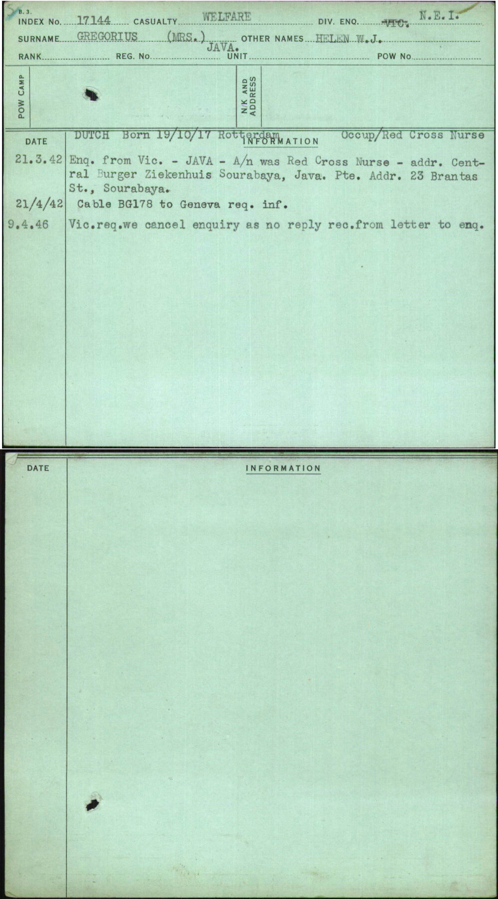 Gregorius (Mrs), Helen W J, [No Service Number]