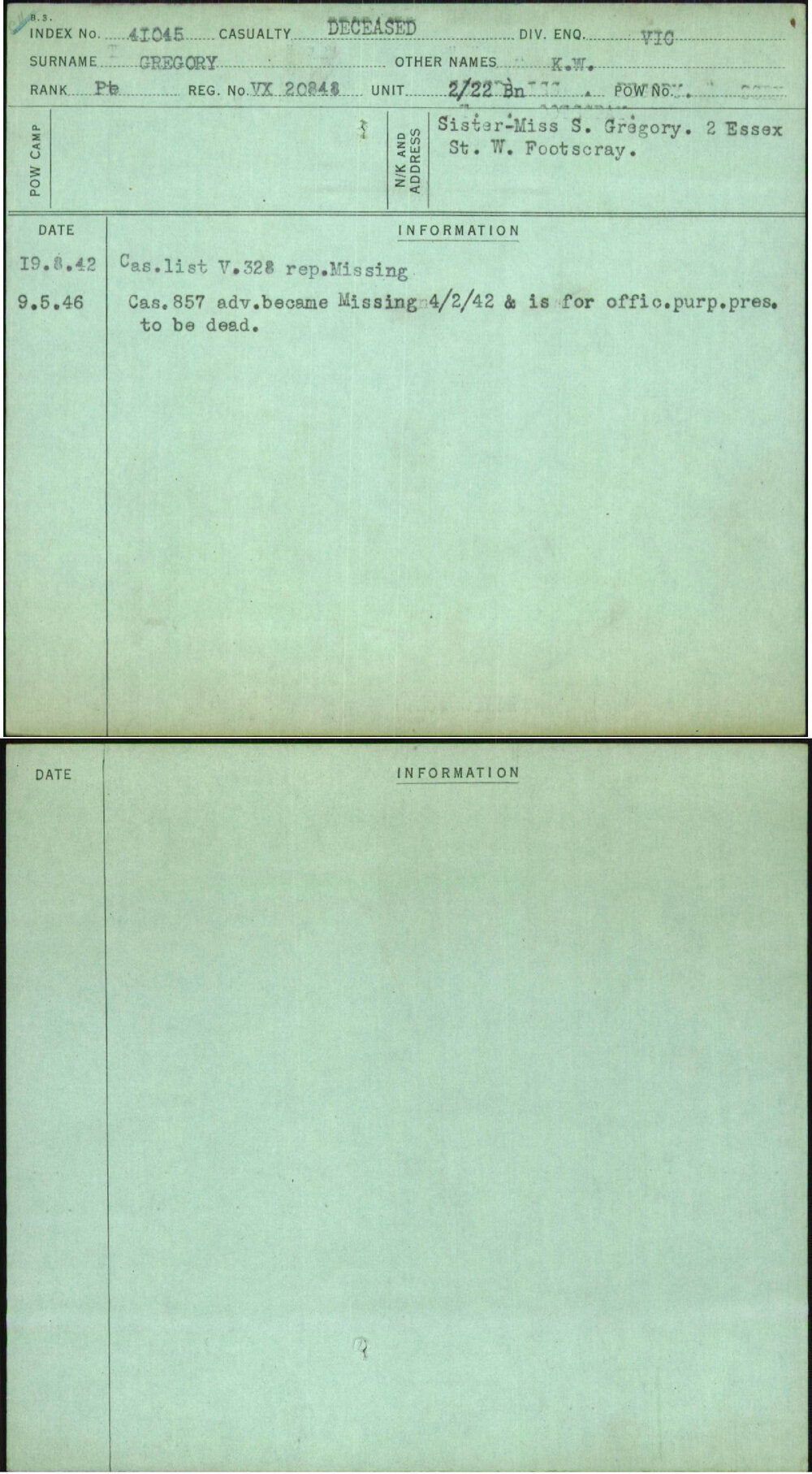 Gregory, K W, VX20848