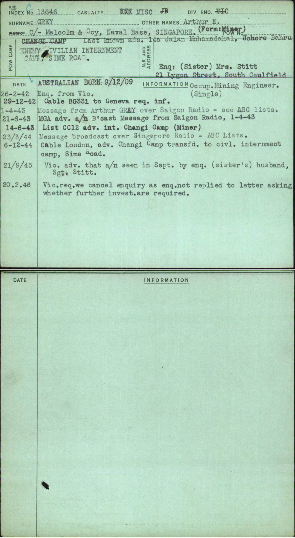 Grey, Arthur E, [No Service Number]