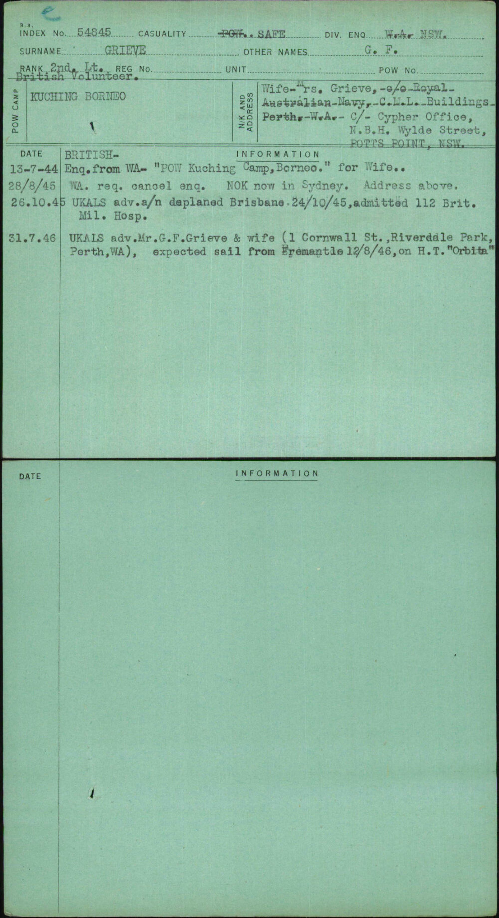 Grieve, G F, [No Service Number]