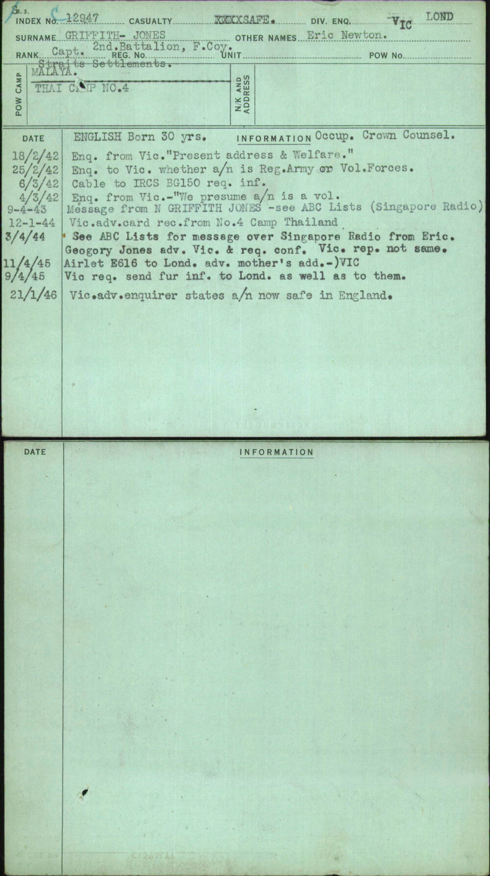 Griffith-Jones, Eric Newton, [No Service Number]