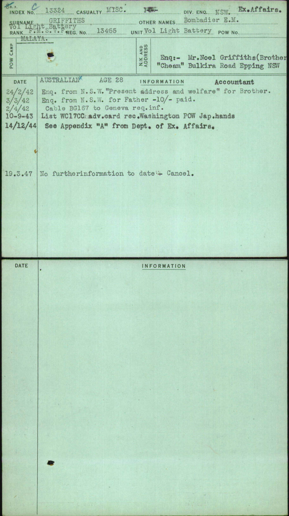 Griffiths, Bombadier E M, 13455