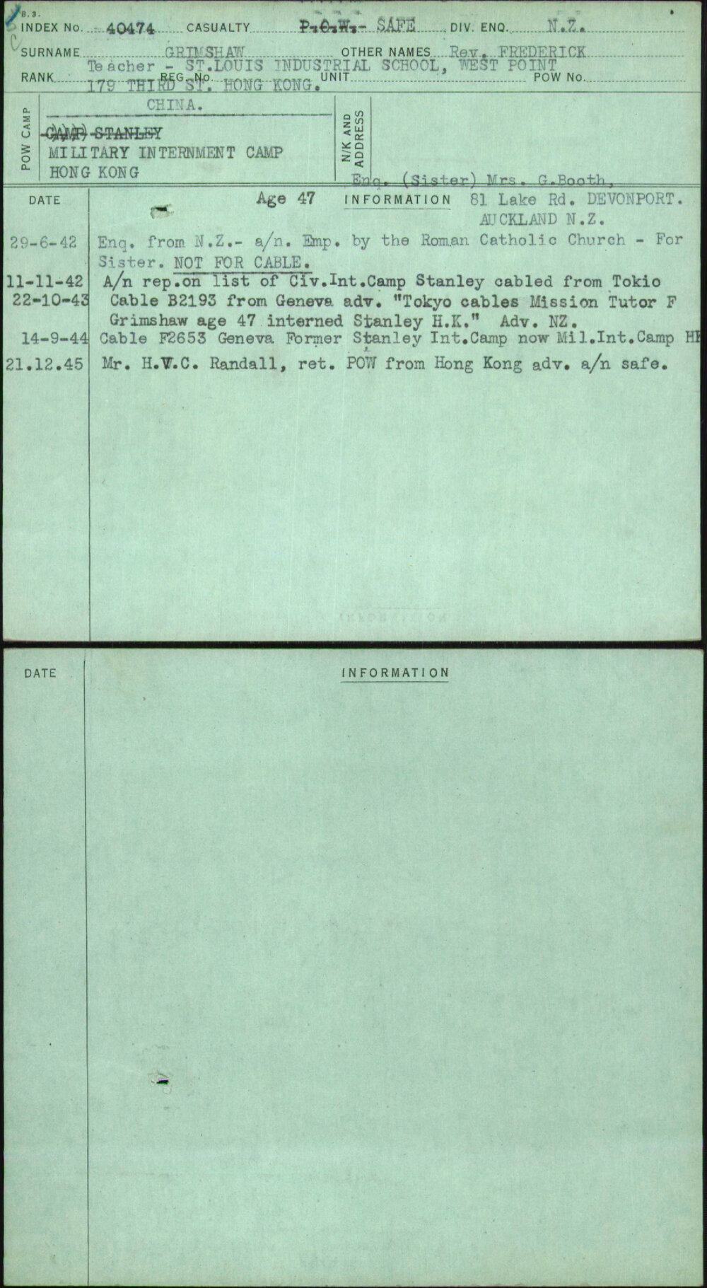 Grimshaw, Rev Frederick, [No Service Number]