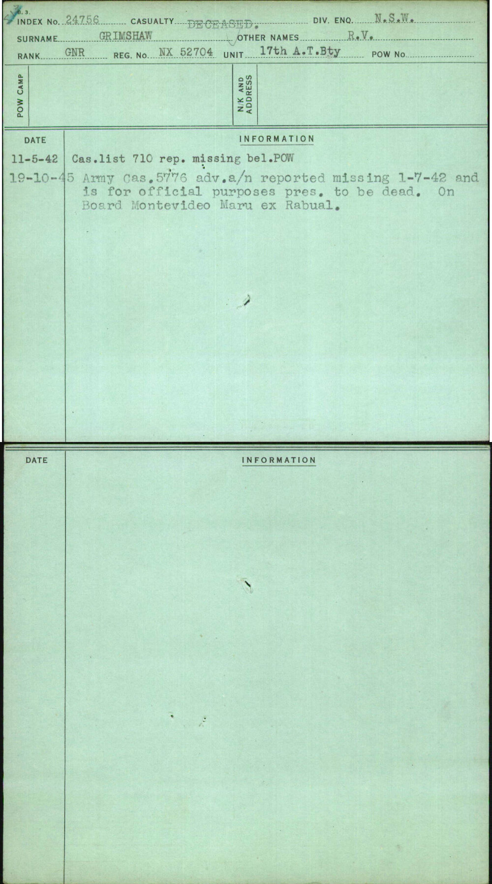 Grimshaw, R V, NX52704
