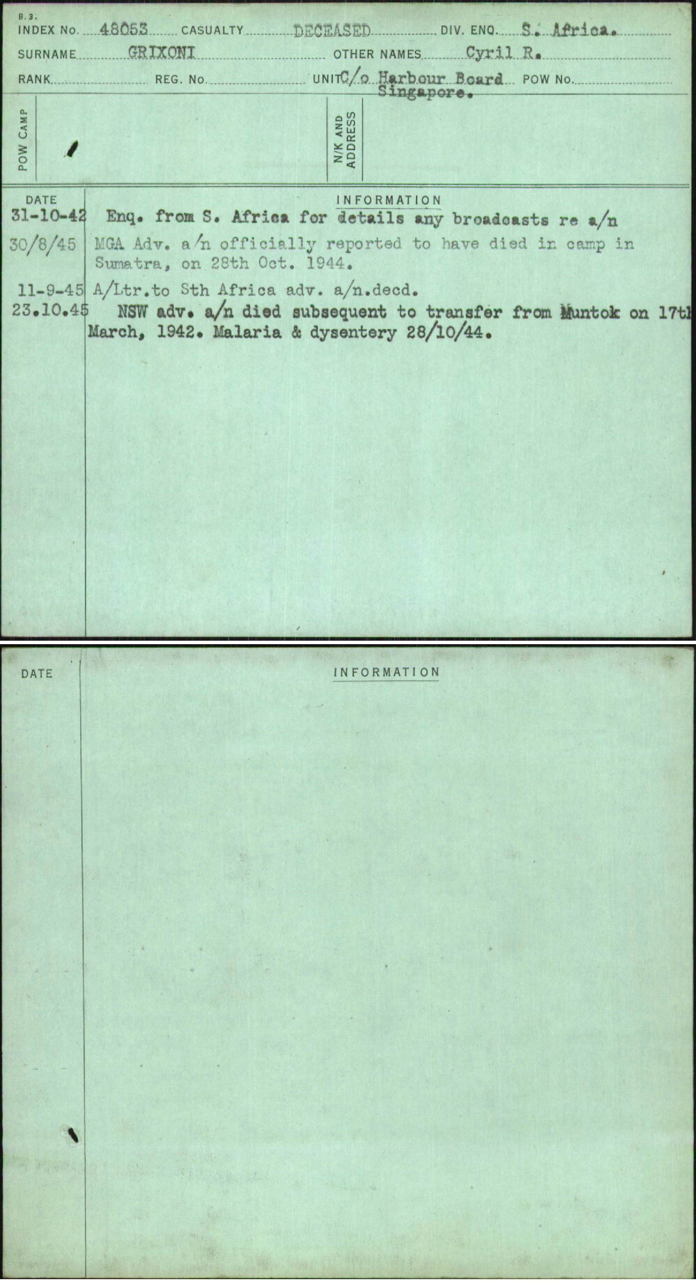 Grixoni, Cyril R, [No Service Number]