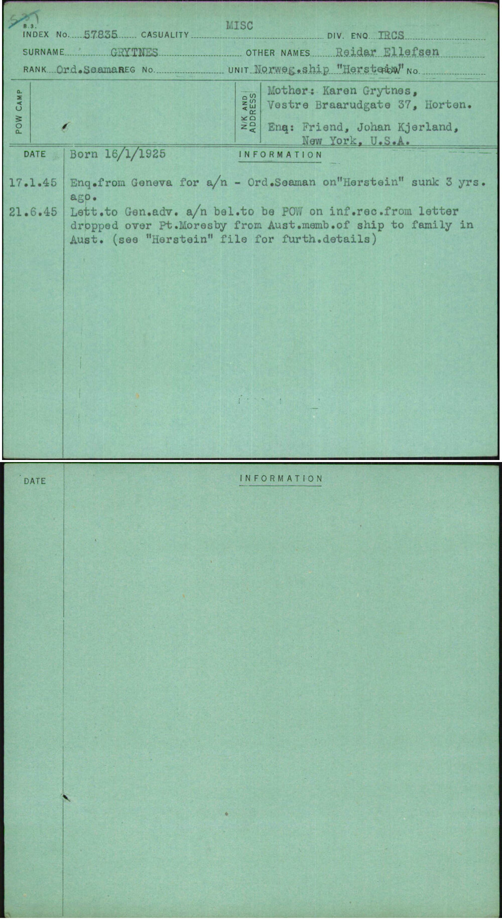 Grytnes, Reidar Ellefsen, [No Service Number]