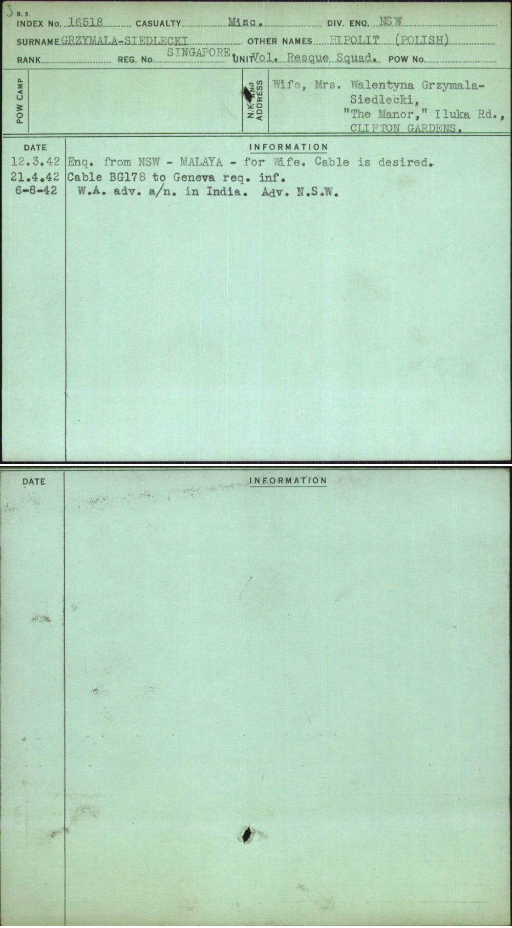 Grzymala-Siedlecki, Hipolit (Polish), Singapore