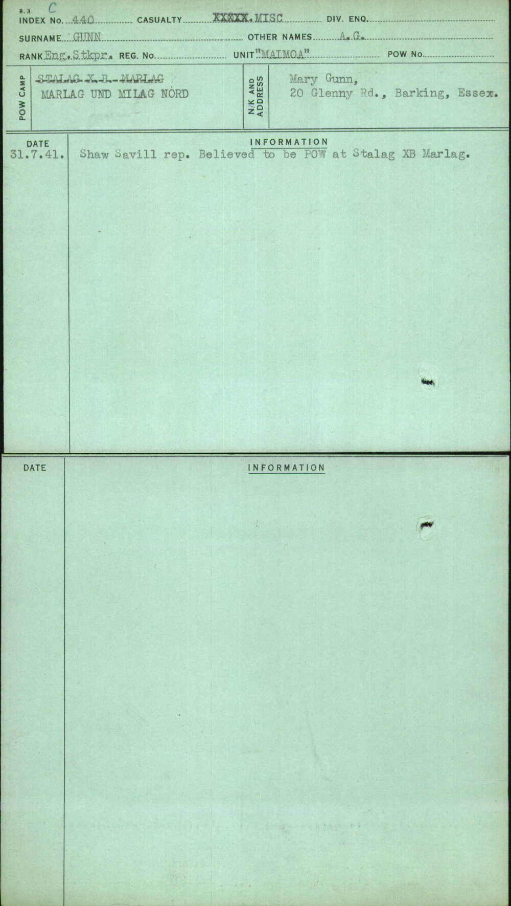 Gunn, A G, [No Service Number]