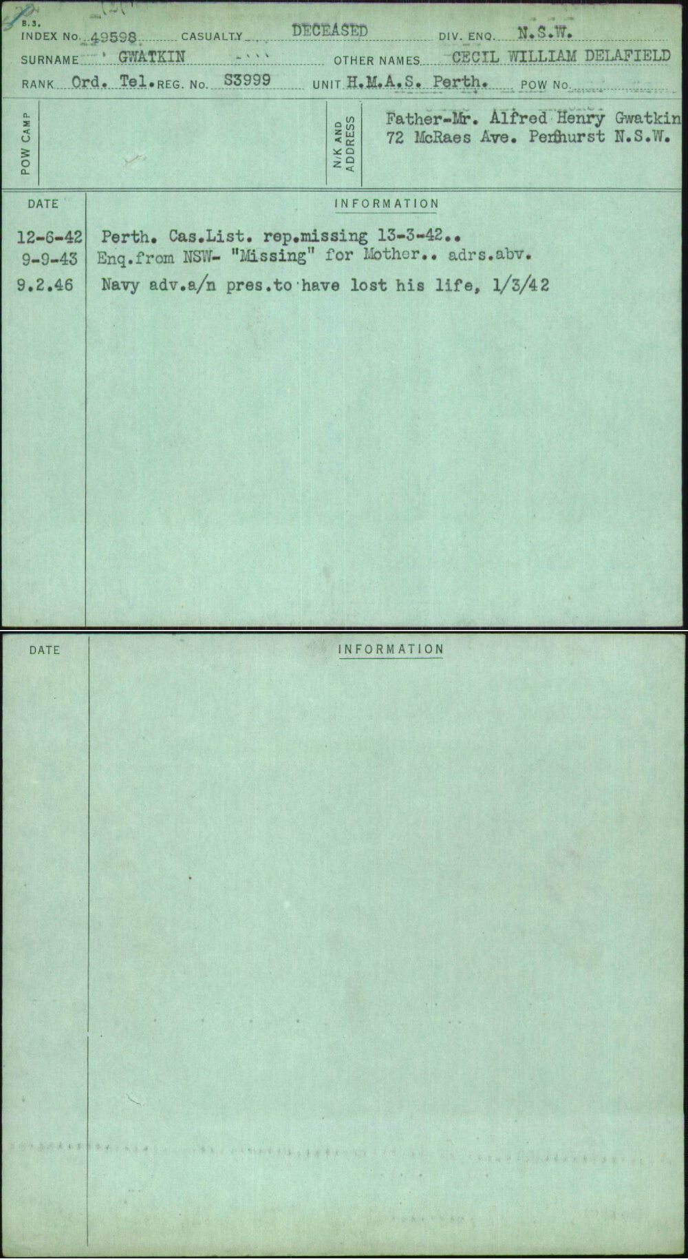 Gwatkin, Cecil William Delafield, S3999