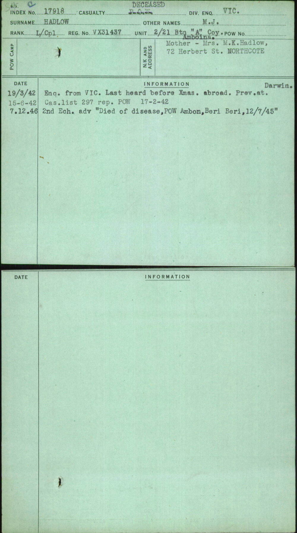 Hadlow, M J, VX31437