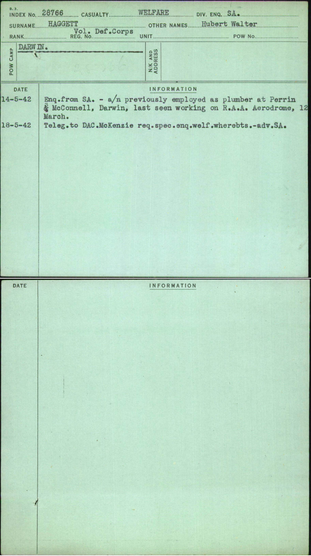 Haggett, Hubert Walter, Vol Def Corps