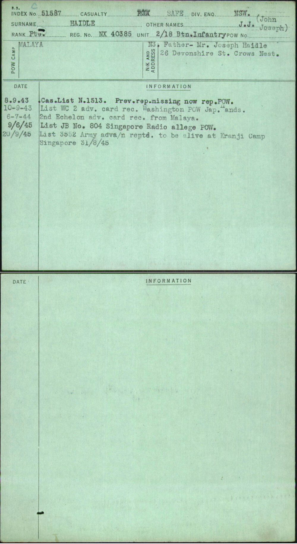 Haidle, J J (John Joseph), NX40385