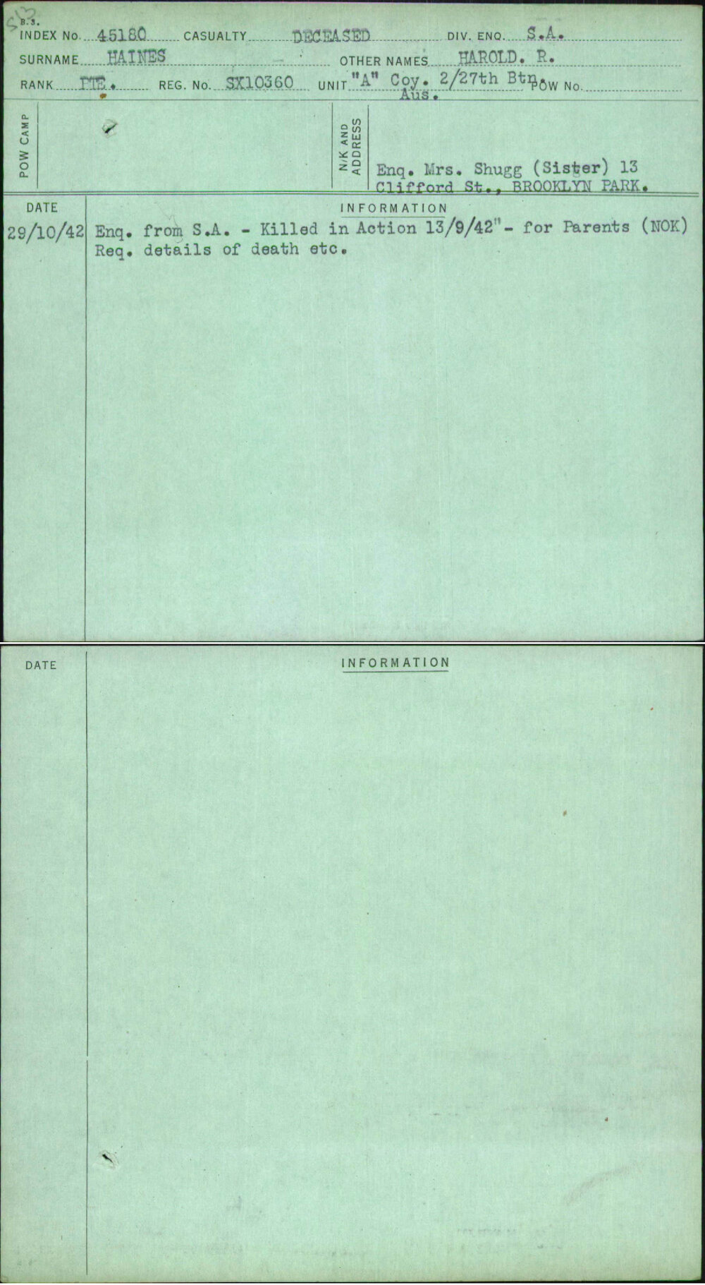 Haines, Harold R, SX10360