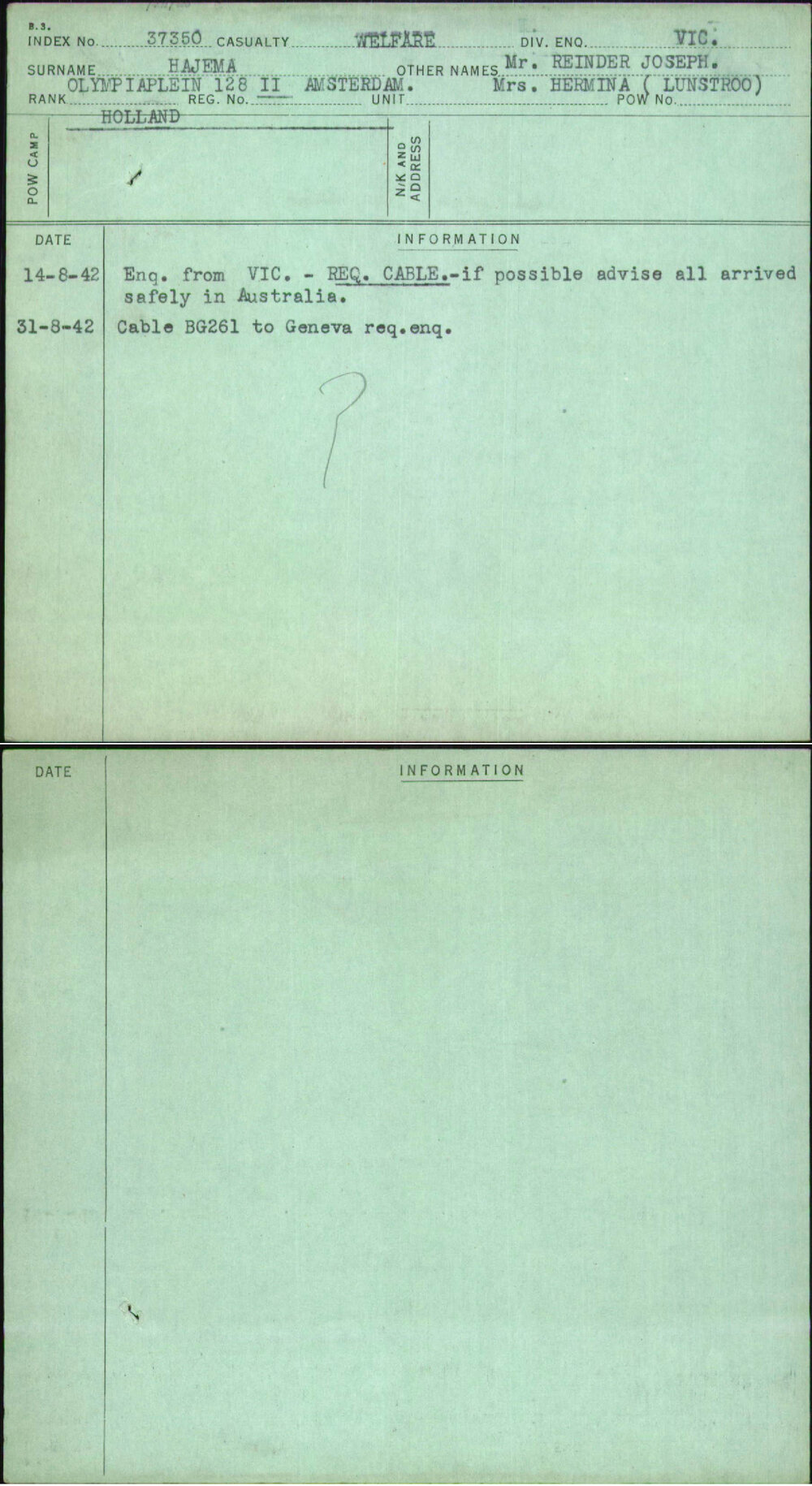 Hajema, Mr Reinder Joseph Mrs Hermina (Lunstroo), [No Service Number]