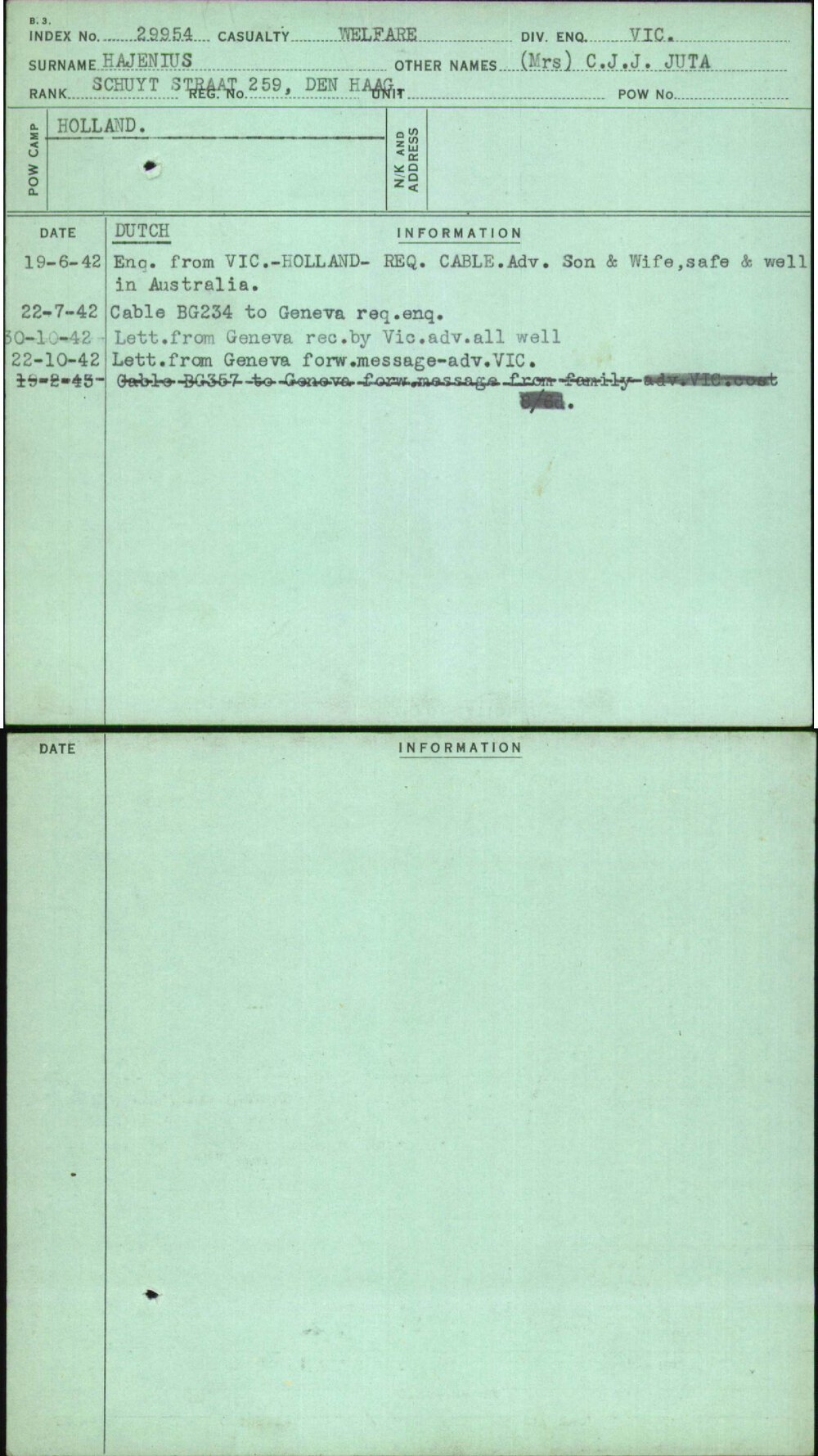 Hajenius, (Mrs) C J J Juta, [No Service Number]