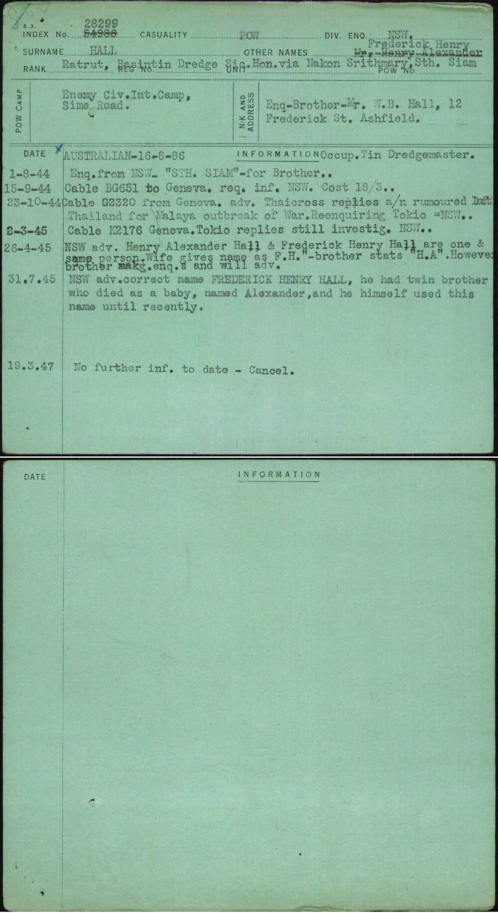 Hall, Frederick Henry, [No Service Number]