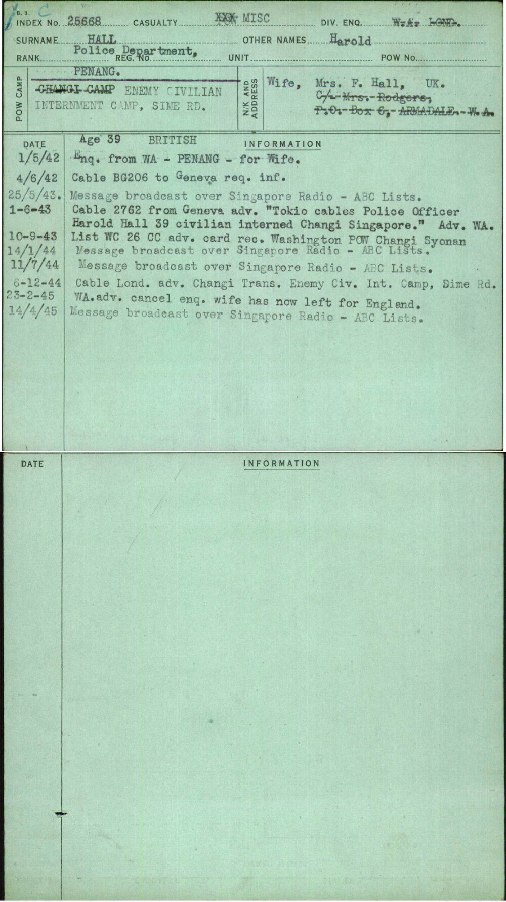 Hall, Harold, [No Service Number]