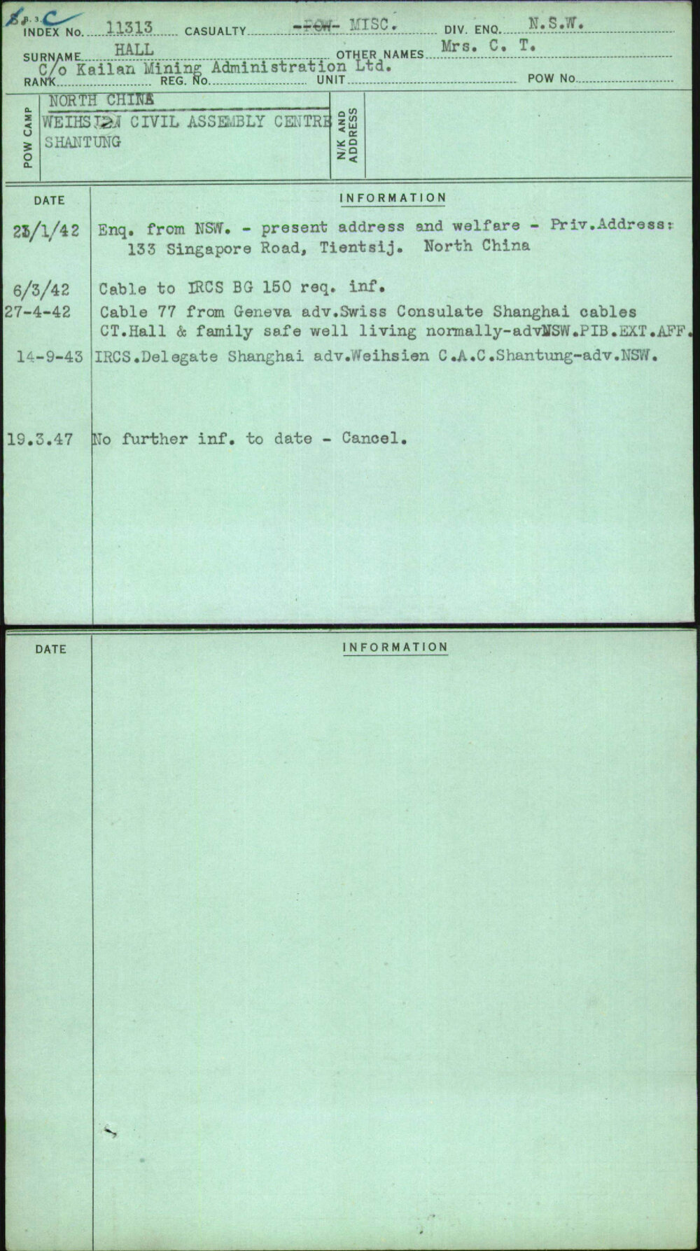 Hall, Mrs C T, [No Service Number]