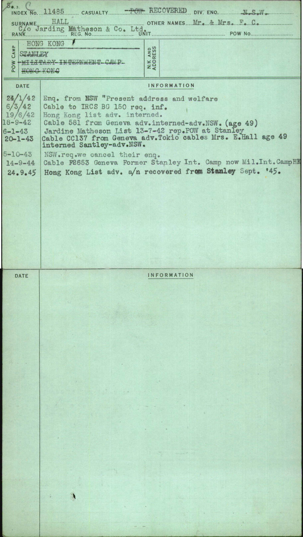 Hall, Mr &amp; Mrs F C, [No Service Number]